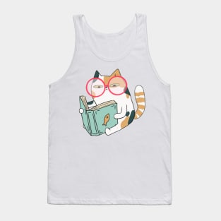 Cute Calico cat reading a book with glasses Tank Top
